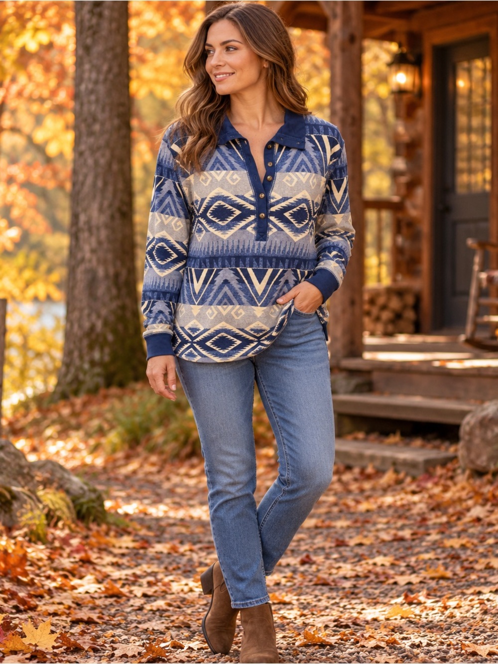 Chaps XL Blue Southwestern Aztec Geometric Cotton Long Sleeve top cabin core